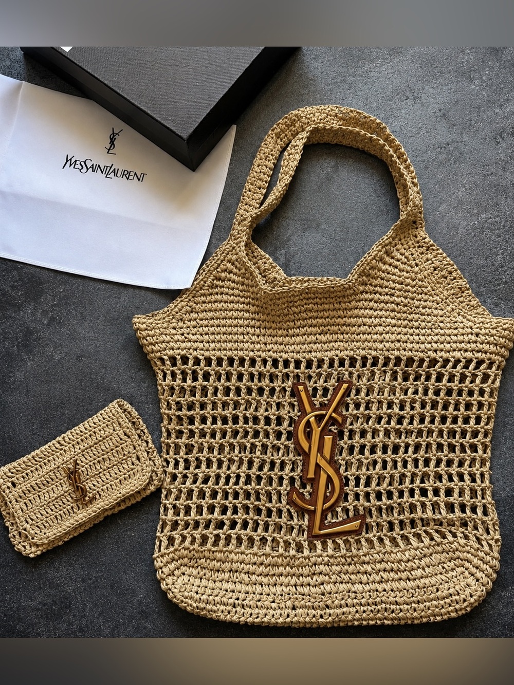 Brand new 1:1 Natural Beige Raffia Tote with Gold YSL Logo